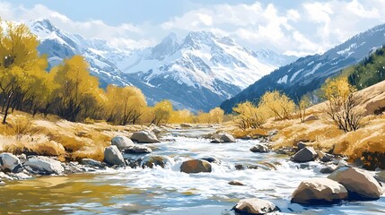 Stunning Autumn Landscape with Flowing Mountain River and Snowy Peaks