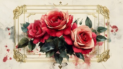 Elegant Red Roses Bouquet in Vintage Frame Floral Arrangement