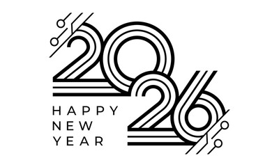 Minimal “2026” in black geometric lines with vertical “HAPPY NEW YEAR” on white background.
