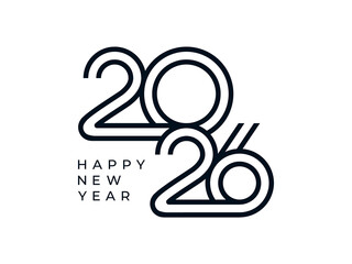 Fototapeta premium Minimal “2026” in black geometric lines with vertical “HAPPY NEW YEAR” on white background.