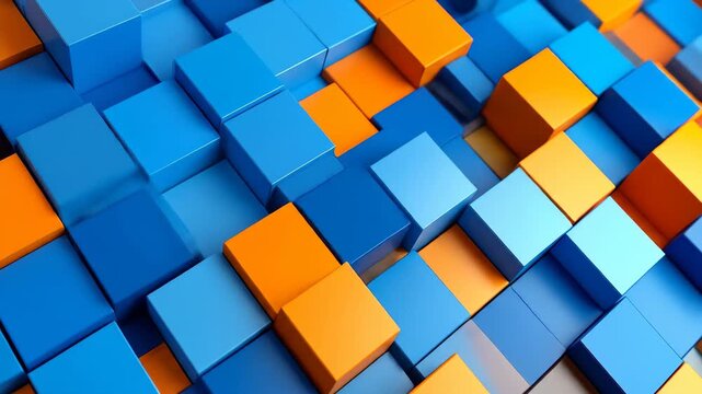 Dynamic Composition of Blue and Orange Cubes in Geometric Arrangement with Flat Lay Style and Soft Lighting for Abstract Background