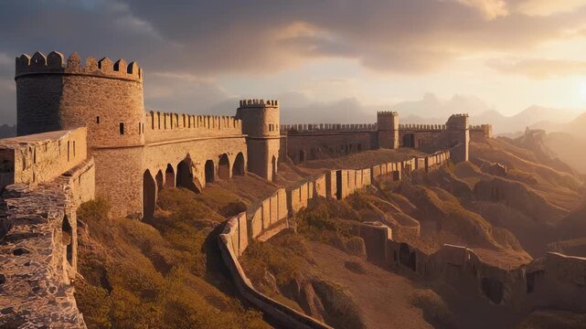 Ancient Stone Fortress Overlooking Mountainous Landscape at Sunset - Dramatic Medieval Architecture and Scenic View