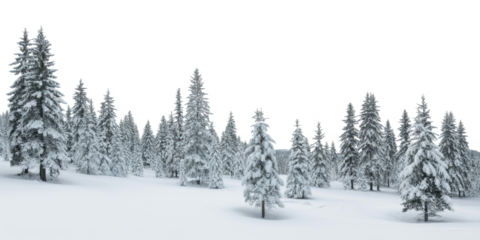 Pine trees covered with snow on frosty evening. Beautiful winter panorama 
