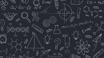 Animated formulas and school supplies drawn on a blackboard: physics, chemistry, geometry. Science background with floating school supplies drawn with chalk. - Powered by Adobe