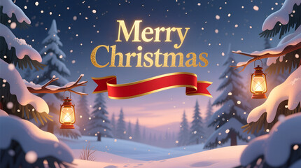 Merry Christmas twilight forest lanterns glowing in snowy pine woods with falling snowflakes and golden festive greeting in peaceful winter landscape