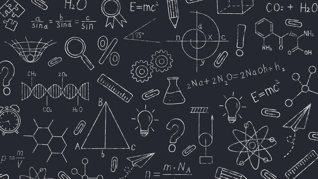 Animated formulas and school supplies drawn on a blackboard: physics, chemistry, geometry. Science background with floating school supplies drawn with chalk.
