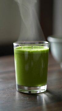 Hot tea macha in a glass with steam