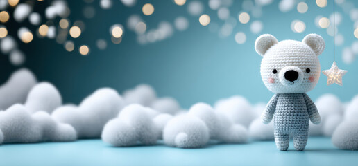 Adorable crochet polar bear in a dreamy cloudscape with glowing star and soft blue background..Perfect for nursery decor, baby product ads, or whimsical children&rsquo;s content.