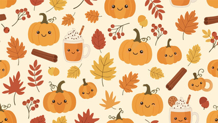 Fototapeta premium Autumn-themed pattern featuring cartoon pumpkins, leaves, acorns, and cinnamon sticks on a cream background with warm, fall colors.