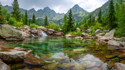 Serene mountain lake with crystal clear water reflecting surrounding evergreen trees and rocky landscape beneath rugged peaks on an overcast day