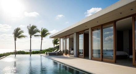 Fototapeta premium Luxury Villa with Infinity Pool Overlooking the Ocean and Palm Trees.