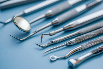 Set of professional metal dental instruments arranged on a blue surface for oral examination and treatment in a clinical environment