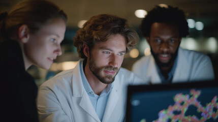 A team of scientists examining 3D molecular simulations projected above a lab table, discussing protein folding pathways for targeted medical therapies. cinematic color correction, natural uneven