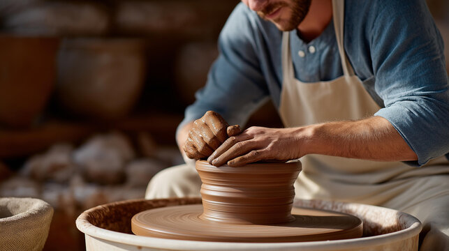 A potter spinning a wheel by pressing the foot pedal gently, clay rising into shape under wet hands as the wheel maintains perfect speed &mdash; meditative craft and analog creativity. cinematic color