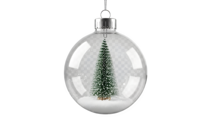 Transparent Glass Christmas Bauble with Mini Bottle Brush Tree and Faux Snow Isolated on Transparent Background PNG