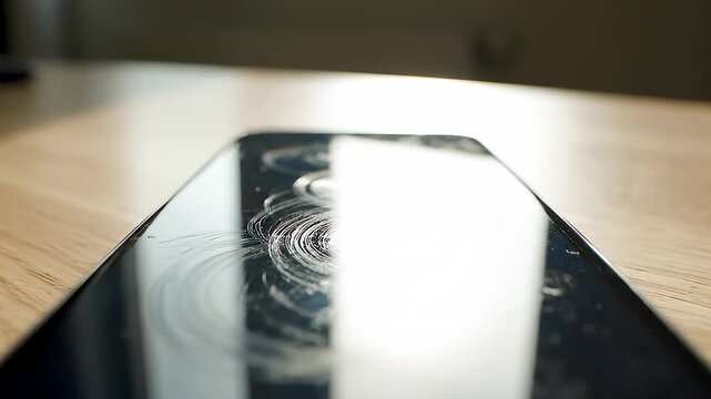 Smartphone with scratches lies on wooden table. Bright light reflects on screen, highlighting damage. Concept of electronics, repair services, technology businesses
