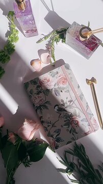 a calm tabletop arrangement featuring a floral notebook, glass diffuser bottles with botanical elements, soft pink roses, greenery, and gentle light creating a peaceful atmosphere