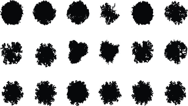 Vector view of trees in hand-drawn top view, isolated on a white background, environmental and garden elements