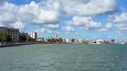 Bari, Puglia, Italy - 06 October 2025: seaside promenade and Bari historic waterfront seen from Largo Luigi Giannella square