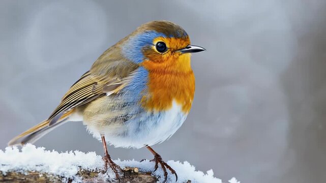 A small robin bird perched on a snowy branch during a cold winter day - 4k video