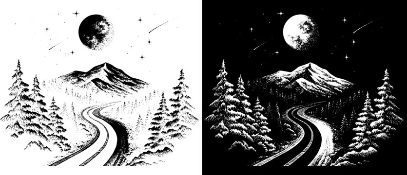 Vintage Moonlit Mountain Road Engraving, Inverted Black White Xerography Vector on Transparent Background for Laser Engraving on Dark Surface
