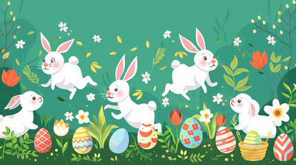 Cute Easter illustration with white bunnies, spring flowers and fresh green background. Cheerful seasonal design for Easter greetings, children projects, invitations and festive marketing