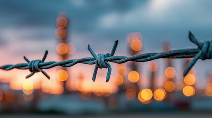 Rusted barbed wire fence with industrial refinery lights glowing in the soft evening sky creating a moody and atmospheric urban landscape scene