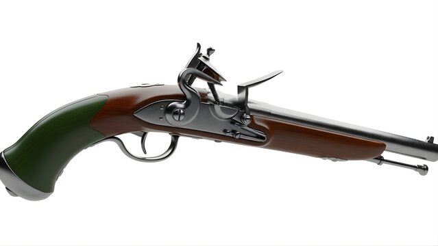 Vintage flintlock pistol antique firearm historical weapon isolated on white background