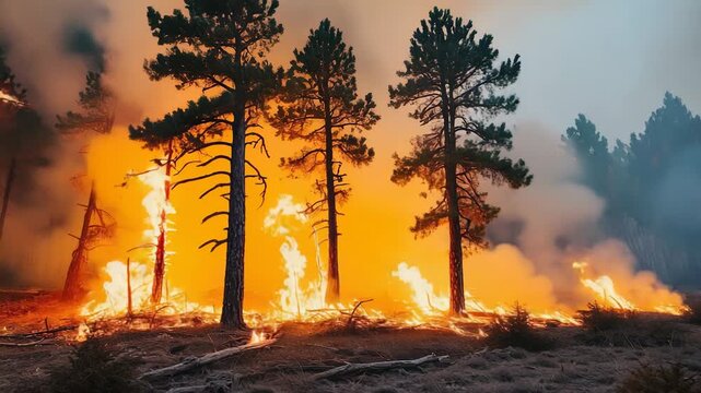 A devastating wildfire rages through a dry pine forest, consuming the trees - 4k video