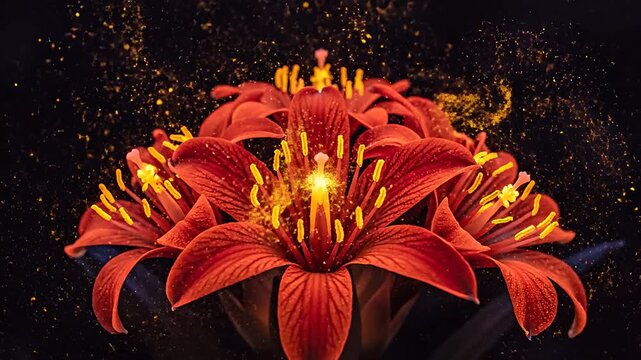 Close up of vibrant red lilies with yellow centers against a dark background.