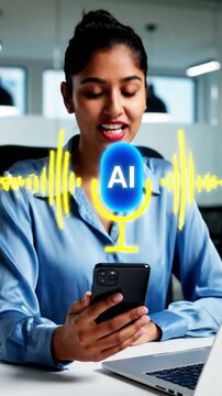 AI assistant voice chat interface. Digital communication, speech recognition, and smart technology enabling natural conversation.Person interacting through microphone with AI Agent voice chat