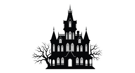 A spooky silhouette of a haunted castle with bare tree branches