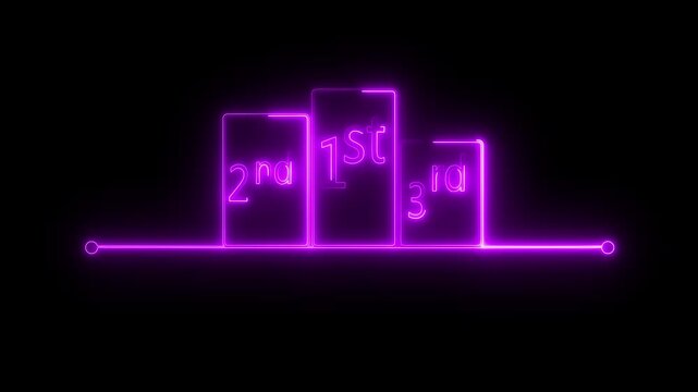 Neon winner podium with 1st, 2nd, and 3rd place icon animation. Glowing neon line winner podium with 1st, 2nd, and 3rd place icon animation  on a black background 4k video .