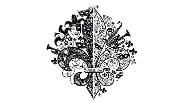 Intricate black and white fleur de lis design with masks and musical instruments