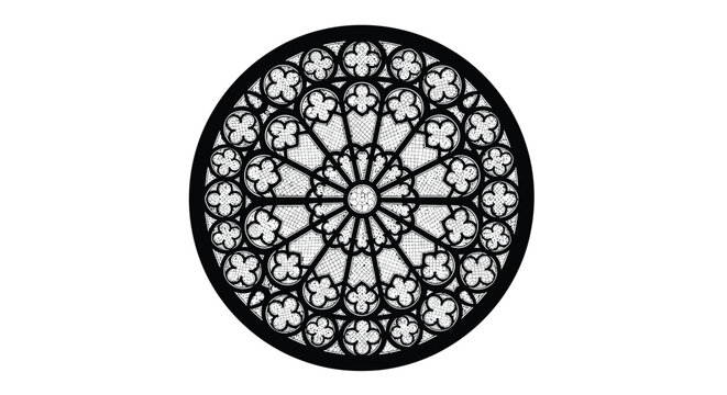Intricate circular stained glass window with floral and geometric designs
