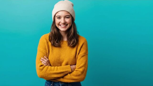 Young female smiles with arms crossed, against a blue backdrop. Depicts youth, confidence, and positive outlook.