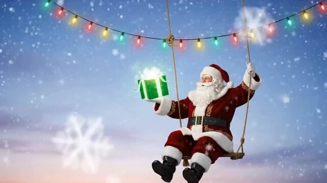 Festive scene featuring character dressed in red on swing, holding a gift, with decorative lights and snow, representing joy, celebration, winter season
