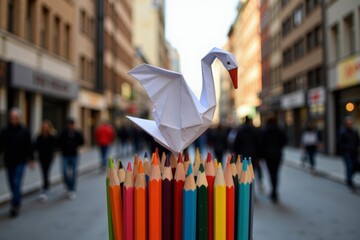 Close-Up Shot of an Intricate Origami Swan Resting on a Heap of Vibrant Pencils Against a Softly Lit Background, with a Blurred City Street Setting.