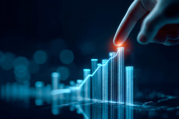 Digital futuristic business growth concept with hand touching glowing holographic bar chart displaying increasing financial data trend in dark setting