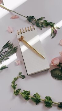 A lined notebook with a gold pen rests among soft pink roses, green leaves, and delicate stems, arranged on a white surface with gentle natural shadows.