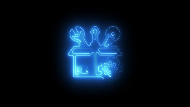 glowing neon toolbox icon isolated, black background, HD motion graphic animation. Neon style briefcase and wrench icon.