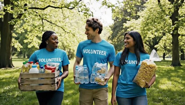 Conversation, food drive and walking with volunteer group outdoor for donation or supplies. Community outreach, laughing and support with happy people in park for charity, ngo or non profit mission