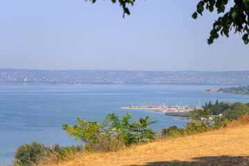 Balatonakarattya, Hungary. Panoramic view of Balatonakarattya on a sunny summer day with turquoise Lake Balaton.