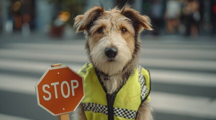 Dog Dressed as Traffic Police Officer Holding Stop Sign