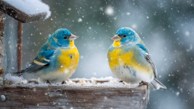 Two vibrant blue and yellow songbirds perched on a snowy wooden feeder during a gentle winter snowfall with a soft blurred background