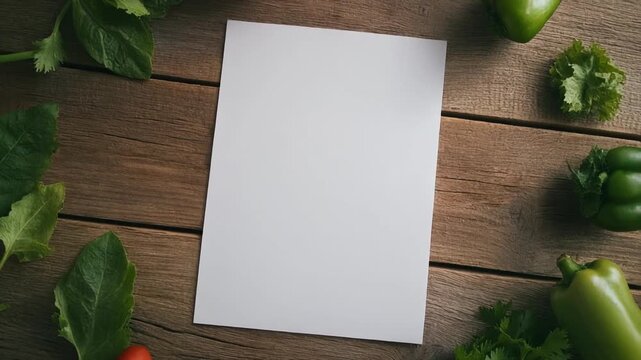 Blank Paper On Wooden Table With Fresh Vegetables And Leaves For Food Branding Video