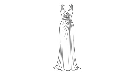 A sketched illustration of a flowing elegant v neck evening gown with a fitted waistline