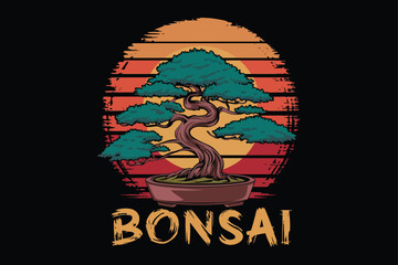 Retro distressed sunset illustration featuring a beautiful bonsai tree