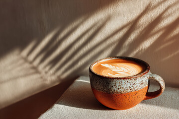 A warm and cozy scene featuring a latte in a handmade ceramic cup, standing in sunlight. 