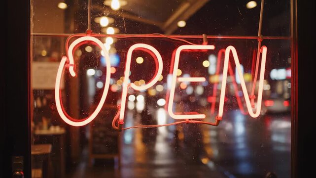 Red neon open sign glowing in shop window at night with street lights and blurry reflections on a dark wet asphalt street.